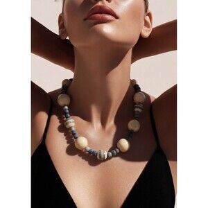 Handcrafted Chunky Ceramic Beaded Necklace – Blue & Cream Statement Jewelry